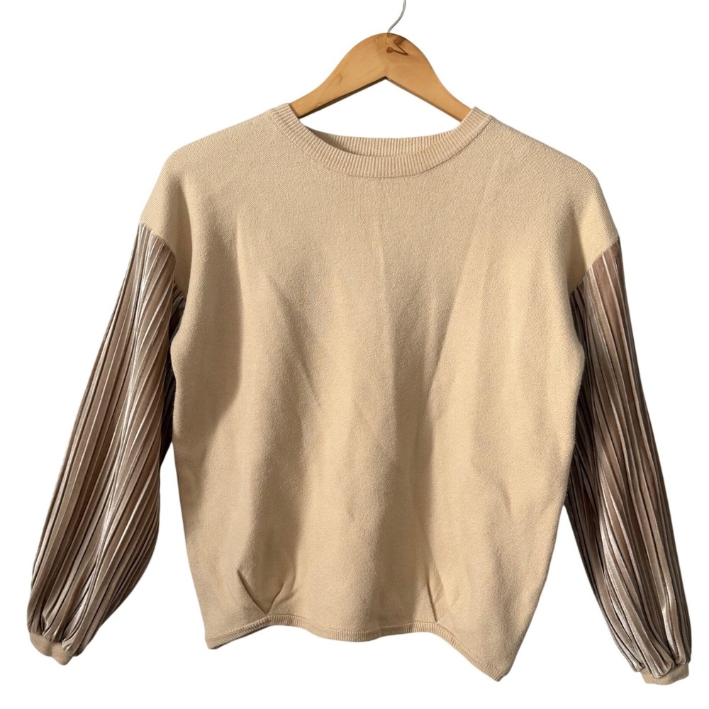 Joy Joy Sz S/M Beige Knit Sweater Pleated Velvet Balloon Sleeve Romantic